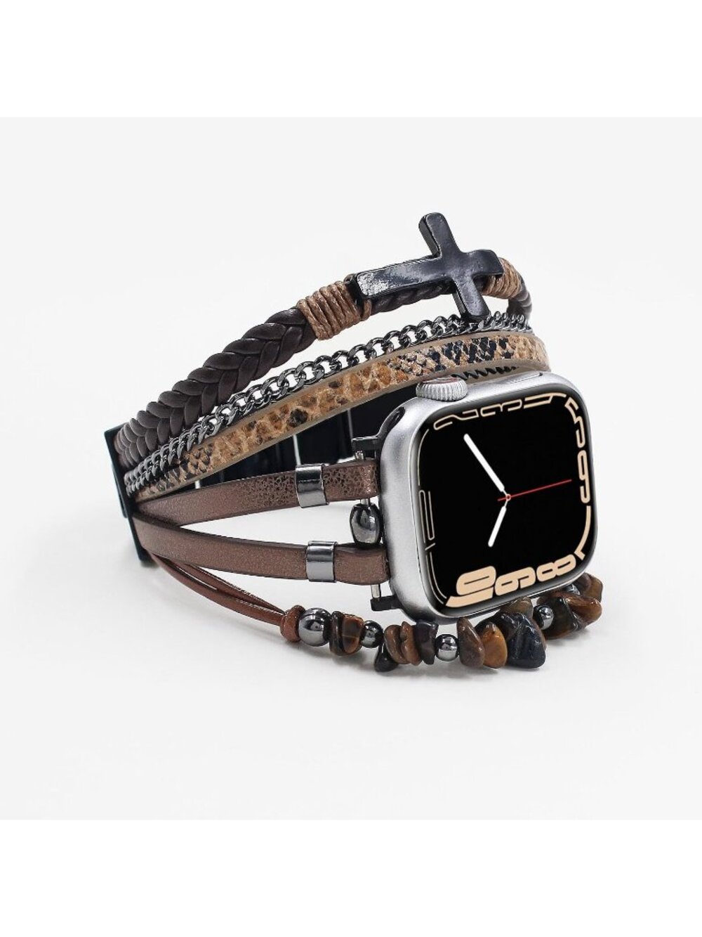 Unisex Brown/Cross Beaded Boho Bracelet Compatible Leather Band with Apple Watch